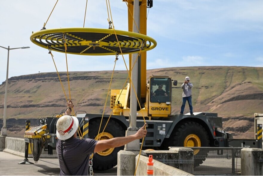 A crew lifts a fish bubbler, which looks like concentric  circles of hose, with a crane.
