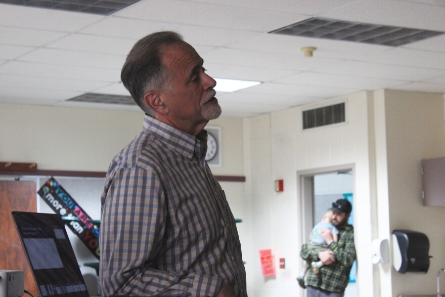 Kenai Peninsula Borough Mayor Peter Micciche speaks to at a meeting at Tustumena Elementary School on Monday, June 15, 2026 in Kasilof, Alaska.