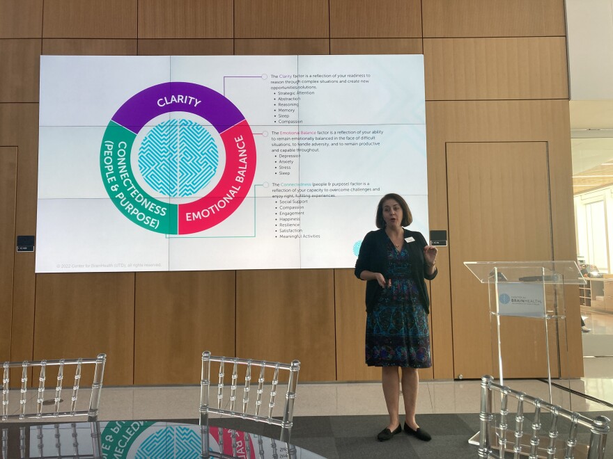 A person stands in front of slides that discuss three areas of brain health: clarity, emotional balance, and connectedness.