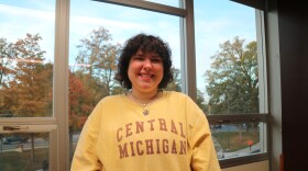 Erika Thomas is a second year student at Central Michigan University, she is studying music education. Her hometown is Stanton, MI. She stands on the third floor of the University Center in the Lake St. Clair room.