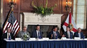 Florida Gov. Ron DeSantis appeared in Sarasota on Tuesday for a panel alongside state officials, New College President Richard Corcoran and U.S. Assistant Secretary for Postsecondary Education David Barker.