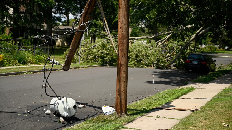 Tropical Storm Isaias snapped this pole and damaged a transformer on Arlington Road in West Hartford.