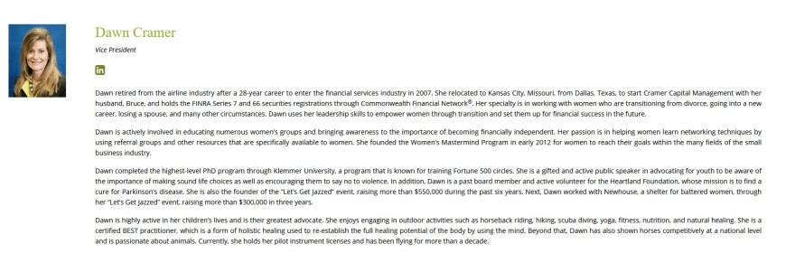 On her company's website, Dawn Cramer claims to have "completed the highest level PhD program through Klemmer University." In fact, Klemmer is a for-profit company that offers motivational training. When it was brought to Cramer's attention by KCUR, the website was scrubbed of the claim.