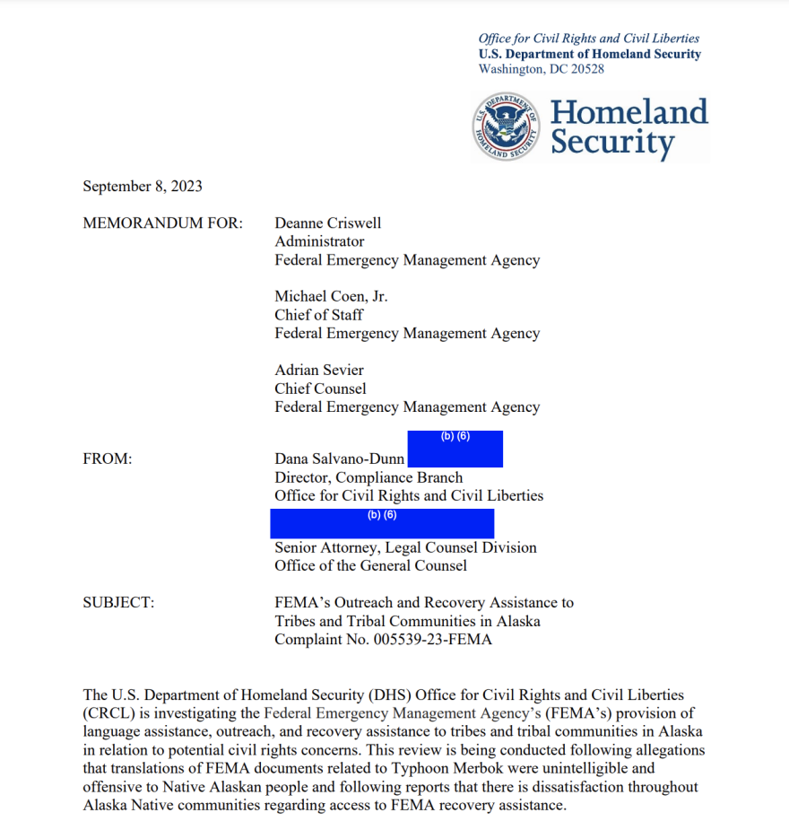 A September memo outlines the details of an investigation by the US Department of Homeland Security's Office for Civil Rights and Civil Liberties into how FEMA interacted with Alaska Native communities in the aftermath of a powerful storm that wreaked havoc on Alaska's west coast in the fall of 2022.