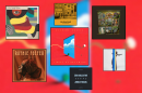 Artwork for music releases displayed in black squares frames over a blurry red and blue background.