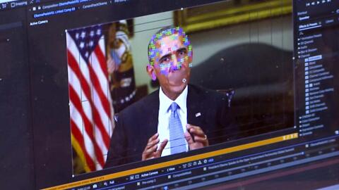 This image shows a fake video featuring former President Barack Obama. It shows elements of facial mapping used in new technology that lets anyone make videos of real people appearing to say things they've never said. (AP Photo)