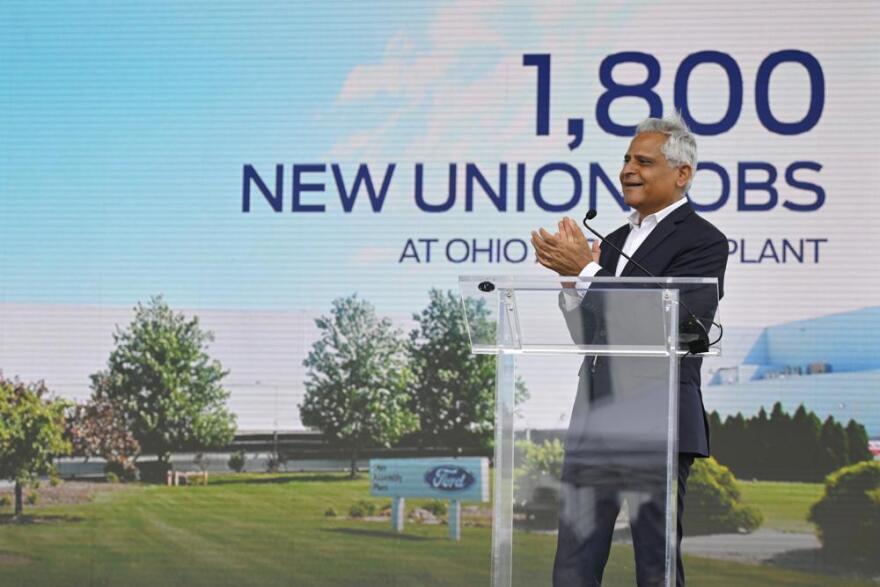 Kumar Galhotra, president of Ford Blue, the company's division that makes internal combustion vehicles, speaks during a press conference, Thursday, June 2, 2022, in Avon Lake, Ohio.