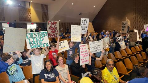 Students protest teacher layoffs inside the Cleveland Board of Education meeting at East Professional Center Tuesday in Cleveland.