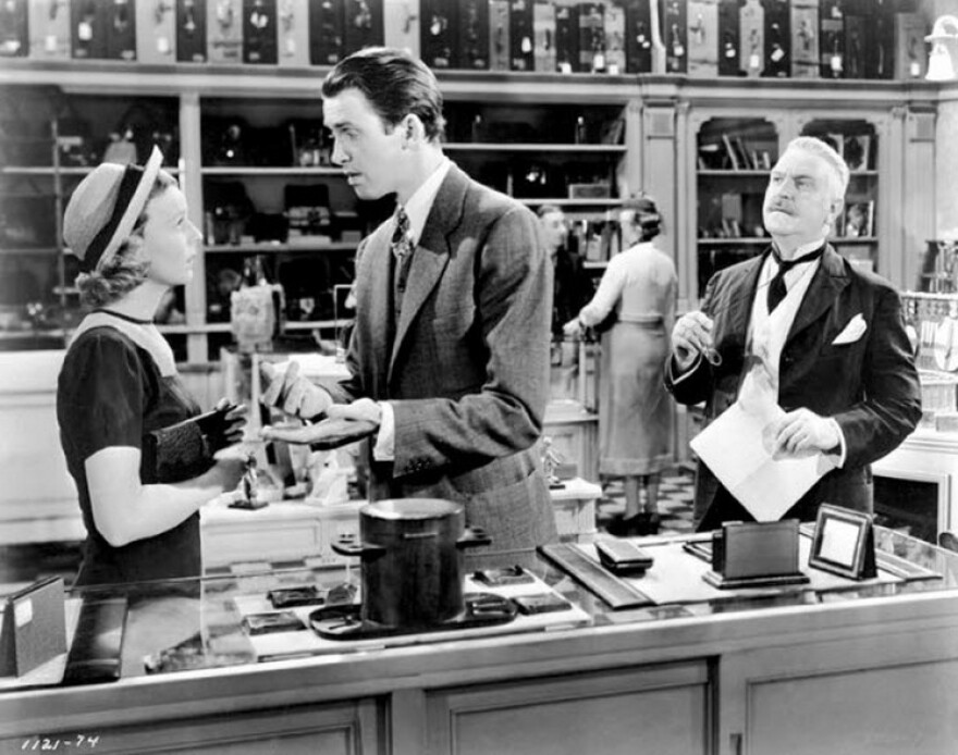 American actor Jimmy Stewart is featured in a still from the film The Shop Around the Corner. Stewart would go on to be in notable holiday films.