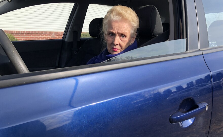 90-year-old CHOP client, Roselyn Jarvis waits in line at the drive-through food pantry in Sayre, Pa.