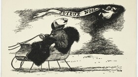 Illustration of a man in a sled looking back at an angel carrying a banner reading "Joyeux Noel"