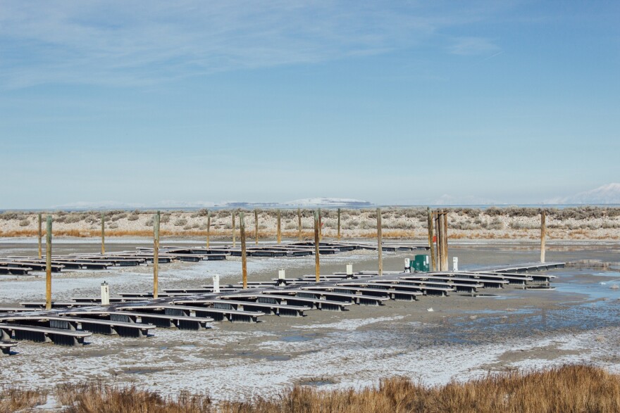 The former marina at Antelope Island State Park, sitting above the dried surface of the Great Salt Lake.