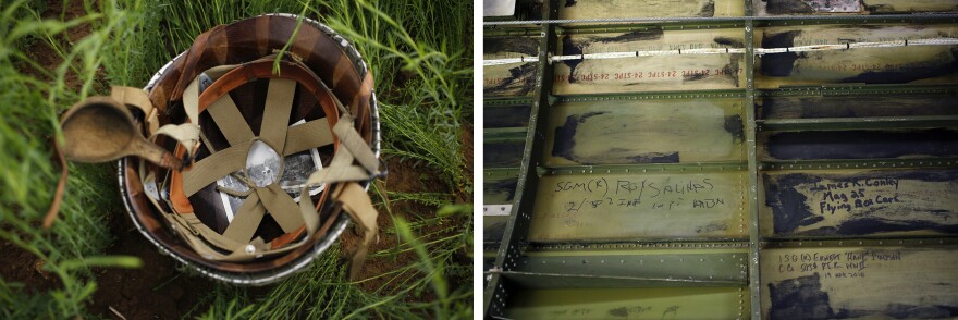 (Left) A picture of Luke Sharrett's grandmother Doris Valentine is tucked inside his World War II helmet. (Right) Names of airborne veterans are written on the walls inside the vintage C-47 Placid Lassie.