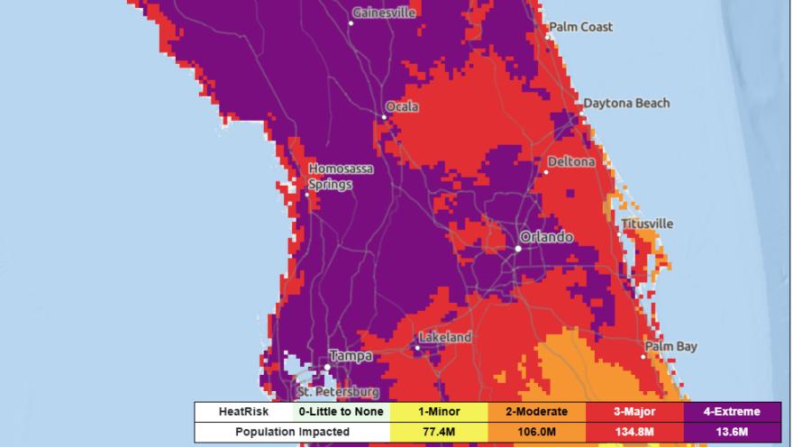 This HeatRisk map show the heat risk at 3:49 p.m. Monday.