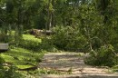 Bowsman Road remains blocked by fallen trees. Road crews continue to clear debris.