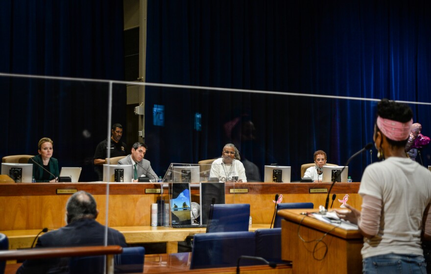 Councilmember Helena Moreno, Chief Administrative Officer Gilbert Montano and Gordon Plaza residents Shannon Rainey and Lydwina Hurst (left to right) sit on the Gordon Plaza Task Force during a meeting on Oct. 21, 2022. Not pictured are councilmember Eugene Green and Sheena Dedmond.