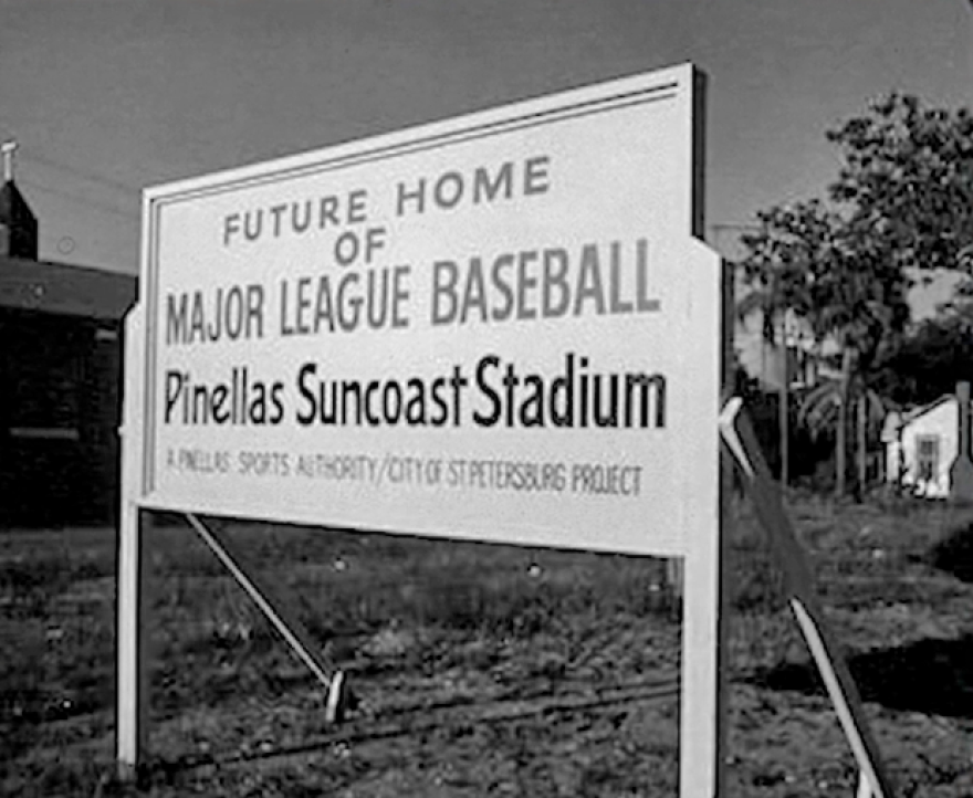 A sign marks the site of the future Florida Suncoast Dome in the Gas Plant district of downtown St. Petersburg in the late 1980s.