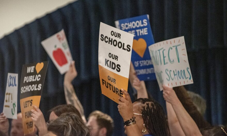 A rally in the Missouri Capitol Rotunda calls for better funding for Missouri's public schools Feb. 10, 2026.