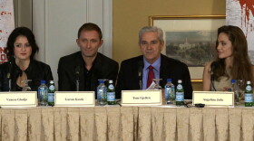 NPR's Tom Gjelten joined Angelina Jolie (right) on a panel about the film <em>In the Land of Blood and Money</em>. Also seen are Vanesa Glodjo (left) and Goran Kostic, who act in the film.