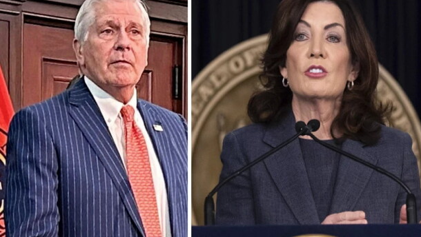 The left side is a photo of Bruce Blakeman in a suit, and the right side is a photo of Kathy Hochul at a lectern. Both photos are pretty closely cropped, so there's not much else going on here to be honest. 
