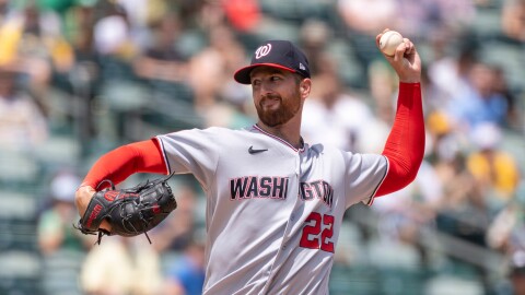 Washington Nationals pitcher Foster Griffin throws to the Athletics during the first inning of a baseball game Sunday, July 19, 2026, in West Sacramento, Calif.