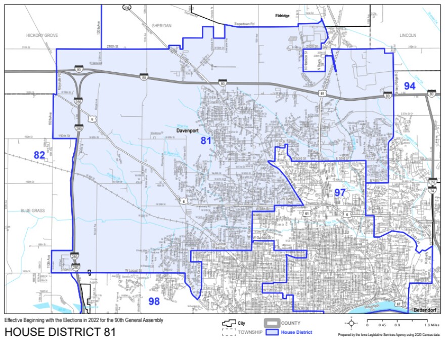 North and northwest Davenport's new, 81st Iowa House District map