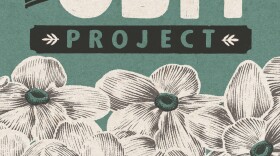 Vintage-style poster reading “The Obit Project” in large, distressed lettering, with decorative arrows and a row of illustrated white flowers (daisy-like) across the bottom against a muted green background.