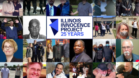 Montage of photos of people involved or helped by the Illinois Innocence Project and its logo