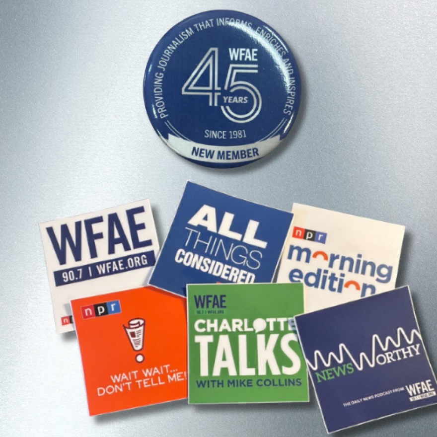 WFAE Thank you gifts: Limited Edition 45th anniversary pin, WFAE sticker pack