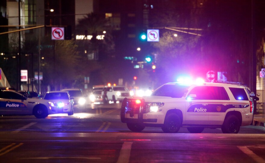 Phoenix Police Department vehicles block off a street in Phoenix, May 30, 2020.