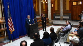 Brett Voorhies, president of the Indiana State AFL-CIO, speaks in support of the Workers Memorial Day resolution.