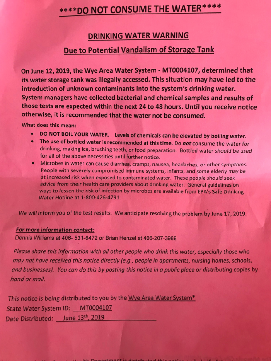 Wye Area Water System released this flyer to warn residents of potential contaminated water on June 13, 2019. 