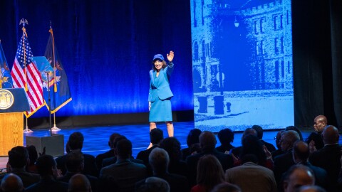 Wearing a Buffalo Bills cap, Gov. Kathy Hochul waves to the crowd attending her State of the State address on Tuesday, Jan. 13, 2026.