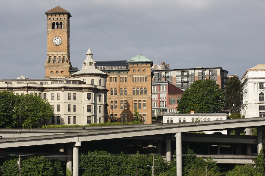 Historic buildings in downtown Tacoma, Wash., including the clock tower of the city's old city hall, are shown Wednesday, May 19, 2010.