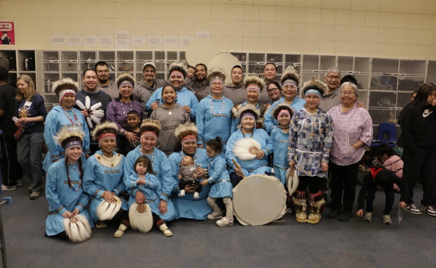 Members of the Qaluyaarmiut Yurartet group gather backstage at the Cama'i dance festival on March 27, 2026 in Bethel, Alaska.