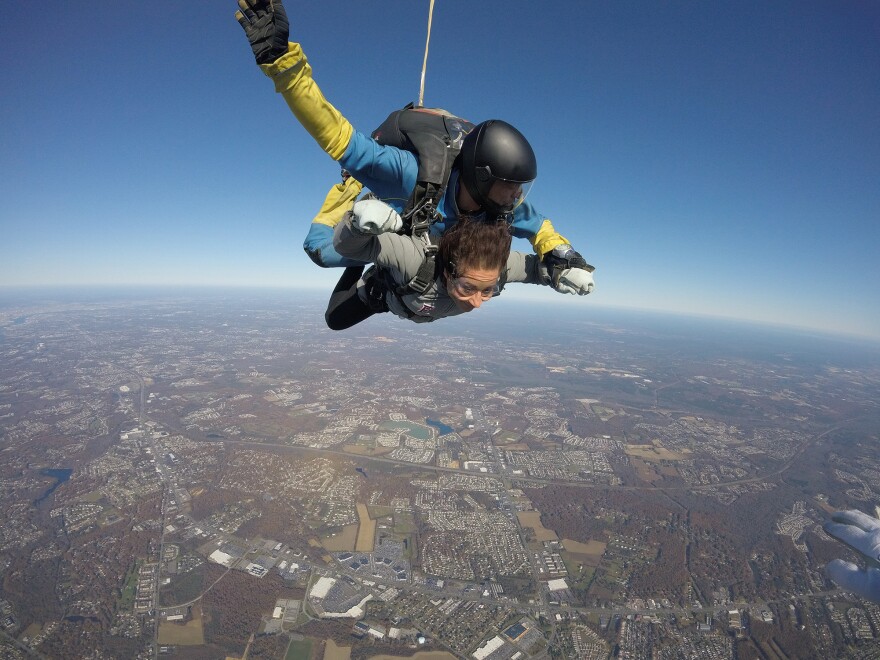 The author skydives over Pennsylvania.