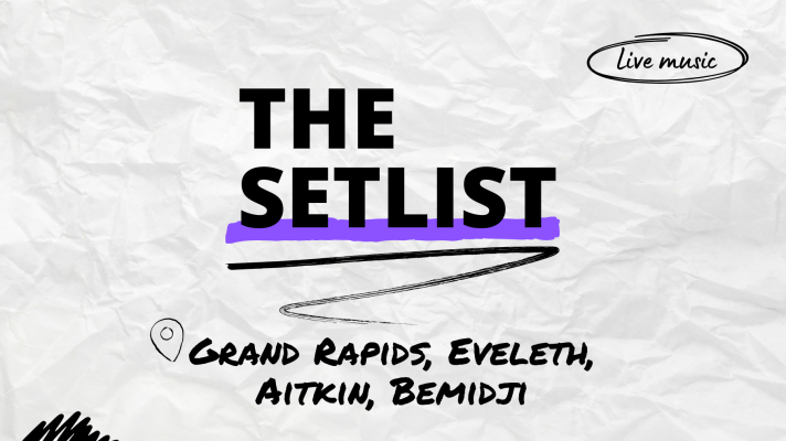 "The Setlist" and "Grand Rapids, Eveleth, Aitkin, Bemidji" written over a crumpled paper background.