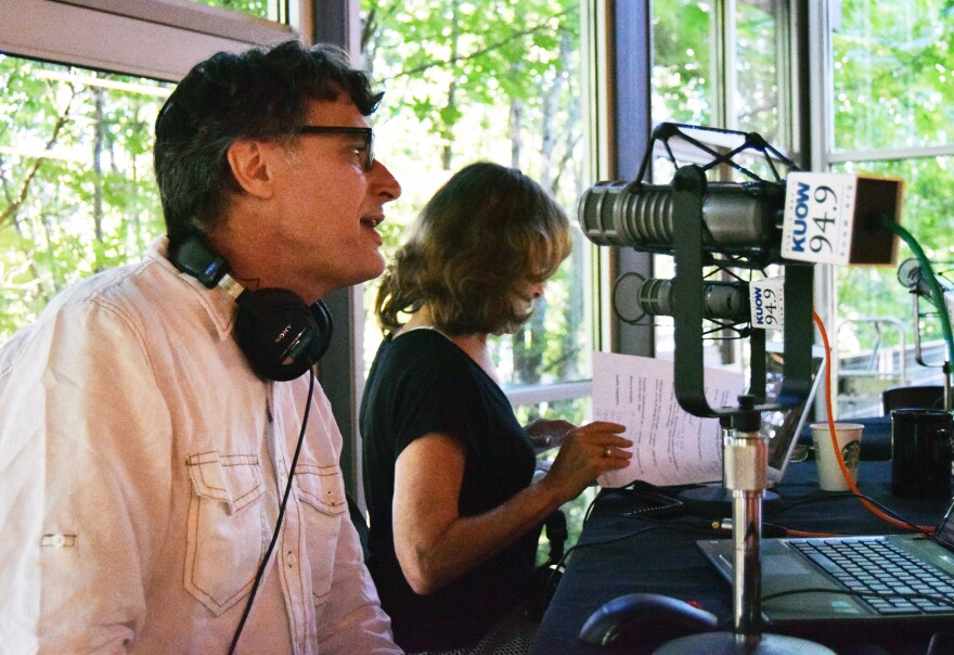 Bill Radke and Joni Balter prep for a live broadcast of Week In Review at the Northgate Community Center on Friday, June 26, 2015.