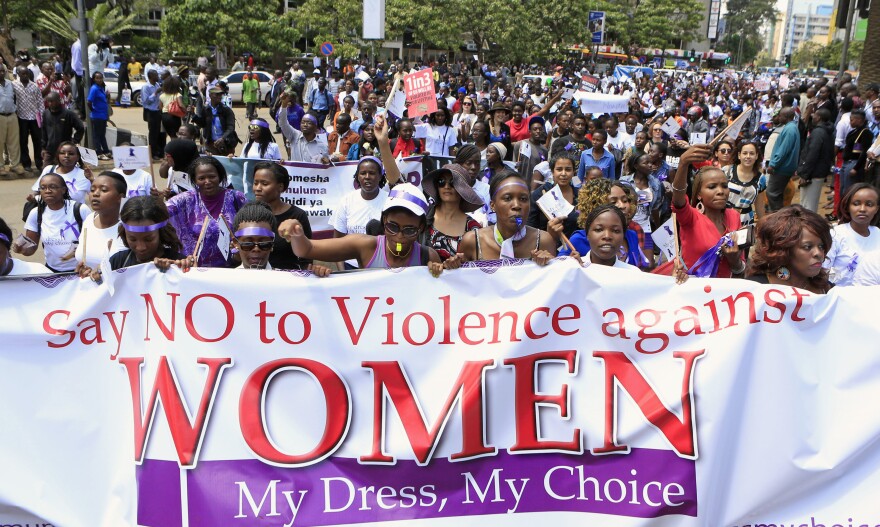 Women participate in the Nov. 17 protest in Nairobi. The viral videos showing the attacks have prompted soul searching in the predominantly Christian country.