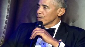 Former President Barack Obama speaking at Rice University's Baker Institute on Tuesday.