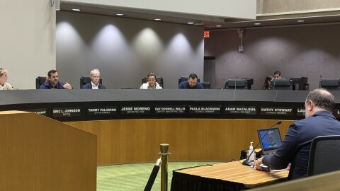 Council member Adam Bazaldua questions Dallas Park and Recreation Deputy Director Ryan O'Connor about the proposed Community Park in South Dallas on Feb. 24.