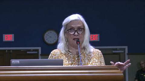 Escambia County resident Margaret Hofstetter asks commissioners to publicly discuss how they would prepare for potential revenue losses if voters approve Amendment 3 in November.