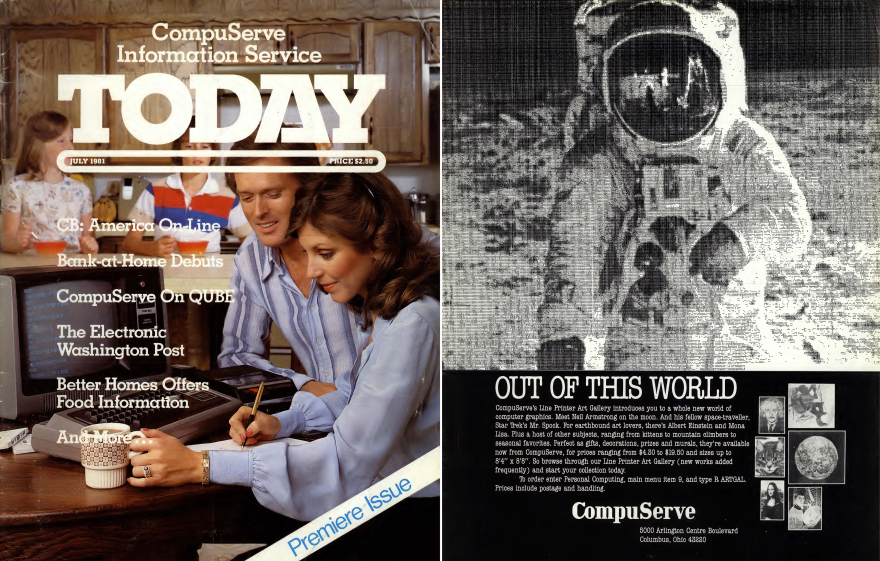 Magazine cover shows a couple at their computer, next page shows line printer image of astronaut.