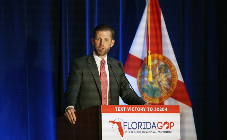 Eric Trump speaks at the Florida GOP breakfast at the Baird Center during the Republican National Convention in Milwaukee, Wis., Tuesday, July 16, 2024.
