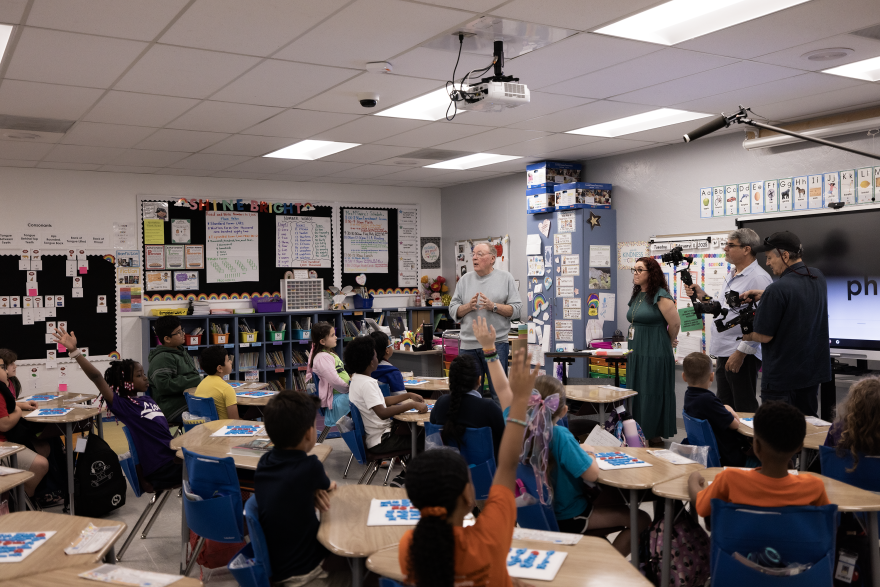 James Patterson visits a classroom at Cypress Trails Elementary