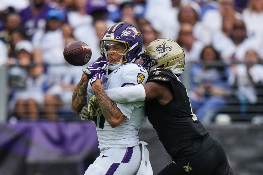 New Orleans Saints cornerback Kool-Aid McKinstry (1) breaks up a pass intended for Baltimore Ravens wide receiver Chris Moore (17) in the second half of an NFL football game in Baltimore, Sunday, Sept. 20, 2026. (AP Photo/Stephanie Scarbrough)