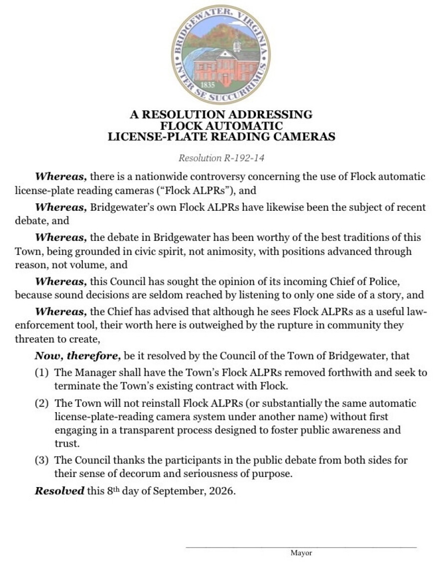 A copy of the Bridgewater Town Council’s resolution on the Flock cameras.