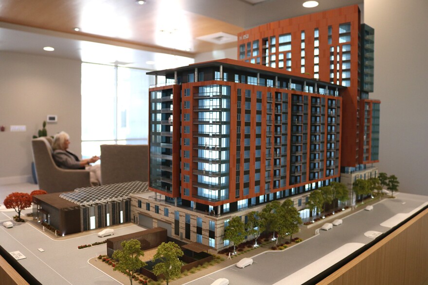 A scale model of the Mirabella senior living building.