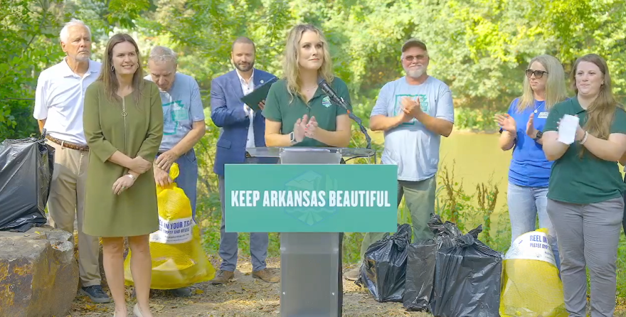 Representatives from Keep Arkansas Beautiful and Gov. Sarah Huckabee Sanders speak at the fallclean-up kick-offf event.