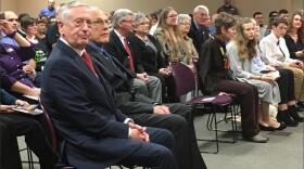 U.S. Secretary of Defense James Mattis, far left, made a trip to his hometown to honor Dr. Lew Zirkle of Richland with the department's Medal of Distinguished Public Service. CREDIT: ANNA KING / NORTHWEST NEWS NETWORK